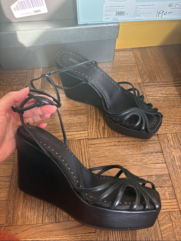 New Sz 40 Maxmara Black Leather Strappy Platform Wedge Sandals